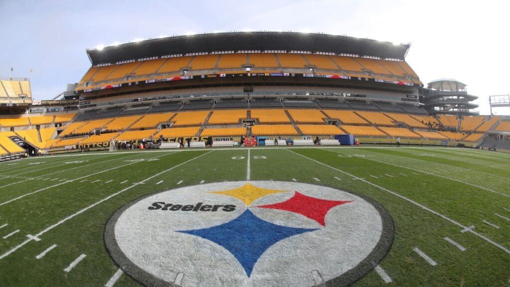 Nov 17, 2024; Pittsburgh, Pennsylvania, USA; General view of the logo at mid-field before the Pittsburgh Steelers host the Baltimore Ravens at Acrisure Stadium.