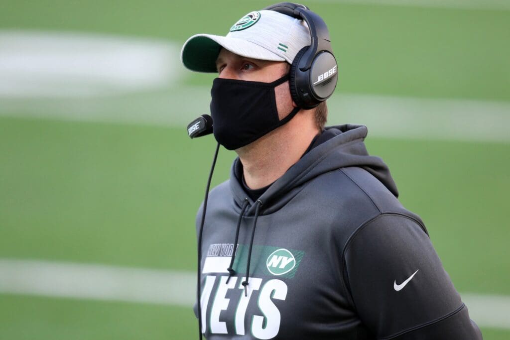 Nov 29, 2020; East Rutherford, New Jersey, USA; New York Jets head coach Adam Gase looks on during the first half against the Miami Dolphins at MetLife Stadium.