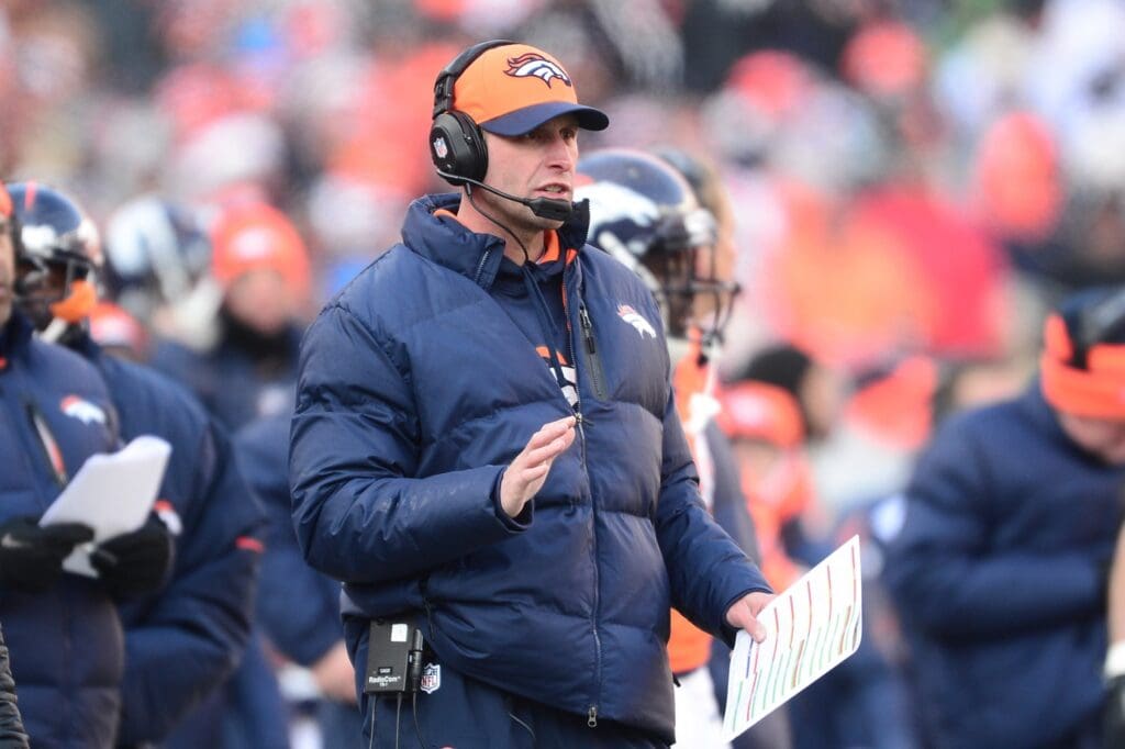 Dec 8, 2013; Denver, CO, USA; Denver Broncos offensive coordinator Adam Gase in the second quarter against the Tennessee Titans at Sports Authority Field at Mile High.