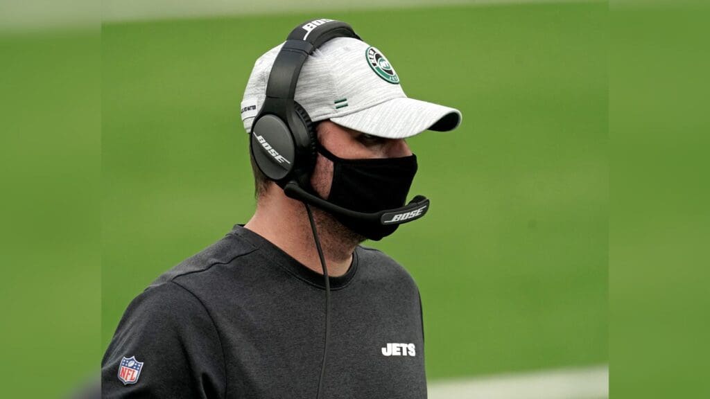 Dec 20, 2020; Inglewood, California, USA; New York Jets head coach Adam Gase looks on during the first half Los Angeles Rams at SoFi Stadium.