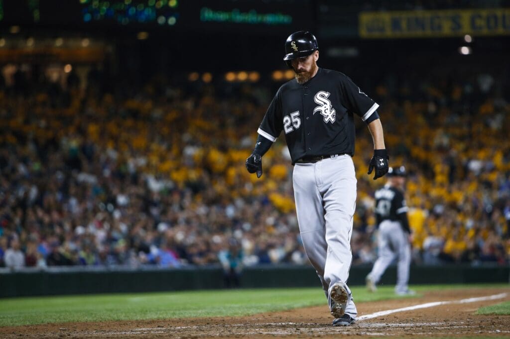 Aug 21, 2015; Seattle, WA, USA; Chicago White Sox first baseman Adam LaRoche (25) scores a run on a bases-loaded walk during the eighth inning against the Seattle Mariners at Safeco Field.