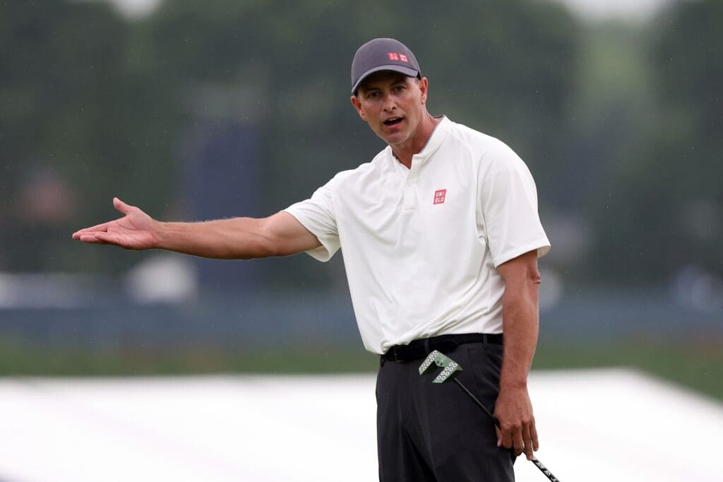 Jun 15, 2025; Oakmont, Pennsylvania, USA; Adam Scott reacts after putting on the 13th green during the final round of the U.S. Open golf tournament.