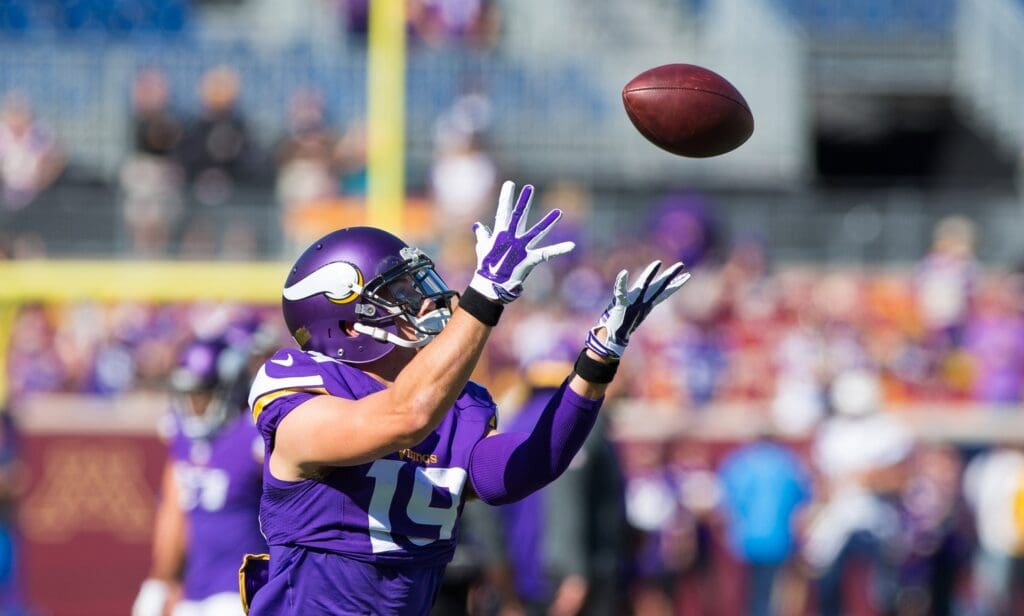 Sep 27, 2015; Minneapolis, MN, USA; Minnesota Vikings wide receiver Adam Thielen (19) catches a pass before the game against the San Diego Chargers at TCF Bank Stadium.