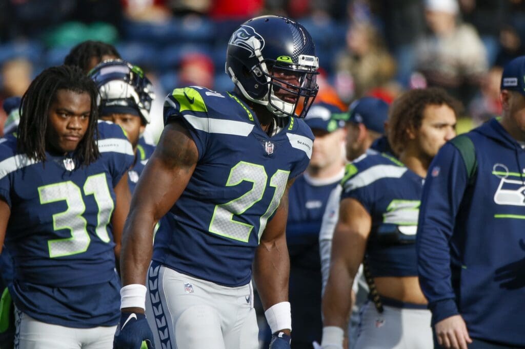 Dec 5, 2021; Seattle, Washington, USA; Seattle Seahawks running back Adrian Peterson (21) participates in pregame warmups against the San Francisco 49ers at Lumen Field.
