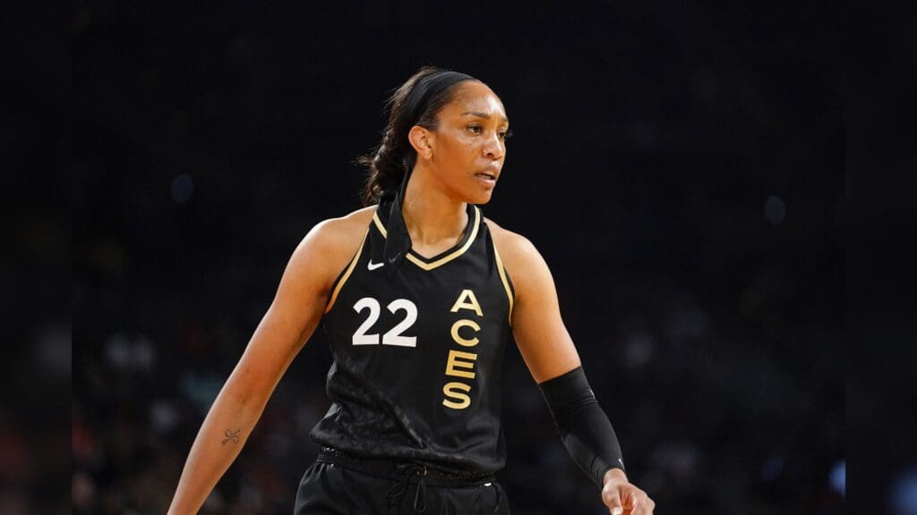 May 28, 2023; Las Vegas, Nevada, USA; Las Vegas Aces forward Aja Wilson (22) competes during the first quarter against the Minnesota Lynx at Michelob Ultra Arena.