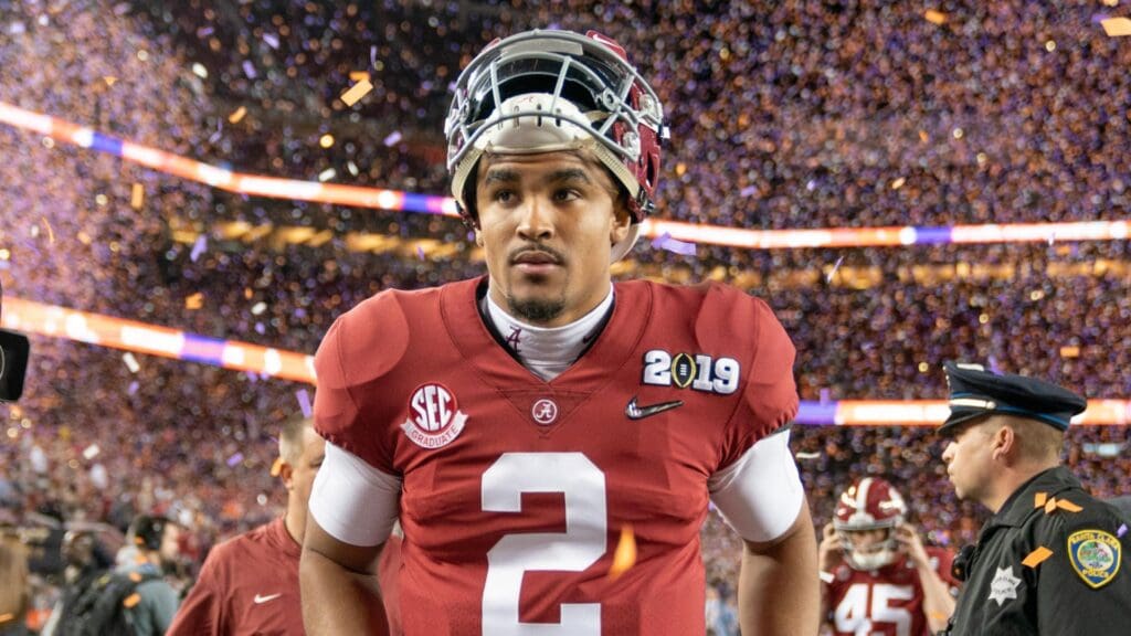 January 7, 2019; Santa Clara, CA, USA; Alabama Crimson Tide quarterback Jalen Hurts (2) after the 2019 College Football Playoff Championship game against the Clemson Tigers at Levi's Stadium. Clemson defeated Alabama 44-16.