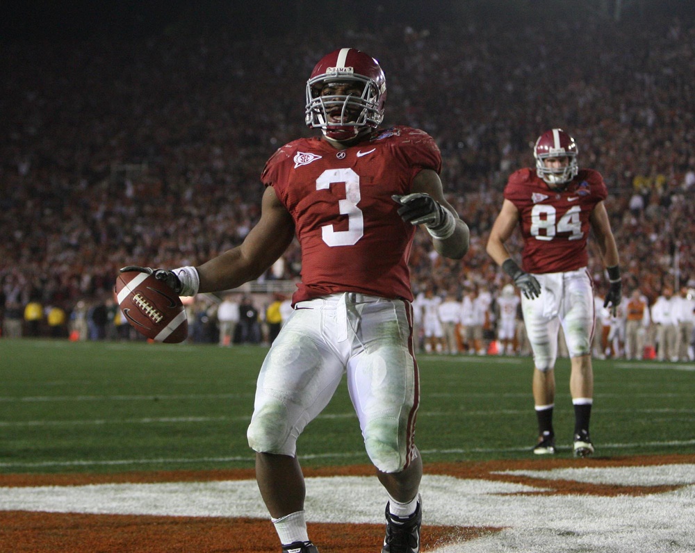 1-7-2010 -- Pasadena, CA, -- Alabama running back Trent Richardson (3) celebrates a fourth quarter touchdown against Texas in this years National Championship in the Rose Bowl in Pasadena, CA. Alabama won the game by a score of 37-21.