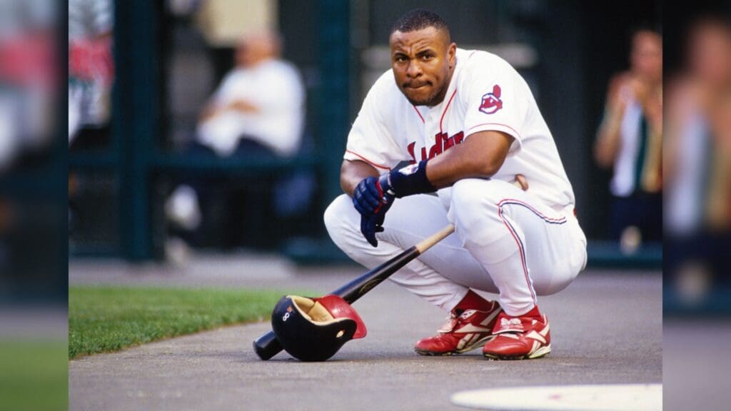 Unknown date; Cleveland, OH, USA; FILE PHOTO; Cleveland Indians left fielder Albert Belle reacts on the field at Jacob's Field.