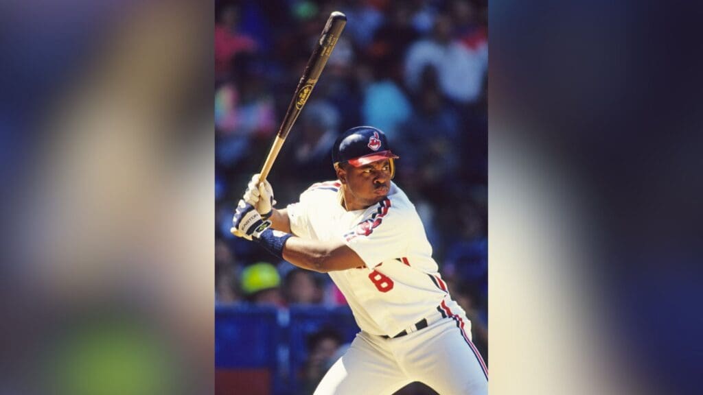 May 19, 1991; Cleveland, OH, USA; FILE PHOTO; Cleveland Indians leftfielder Albert Belle (8) at bat against the Oakland Athletics at Cleveland Stadium.