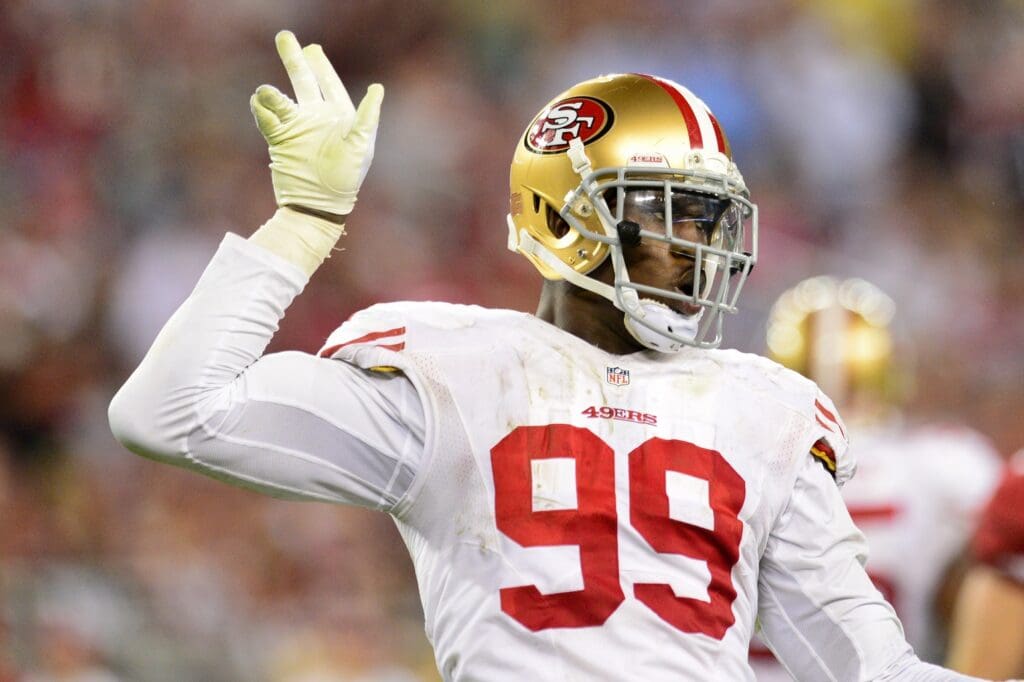 Oct 29, 2012; Glendale, AZ, USA; San Francisco 49ers outside linebacker Aldon Smith (99) celebrates after sacking Arizona Cardinals quarterback John Skelton (19) during the second half at University of Phoenix Stadium. The 49ers beat the Cardinals 24-3.