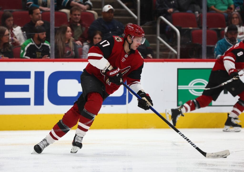 Mar 30, 2022; Glendale, Arizona, USA; Arizona Coyotes center Alex Galchenyuk (17) against the San Jose Sharks at Gila River Arena.