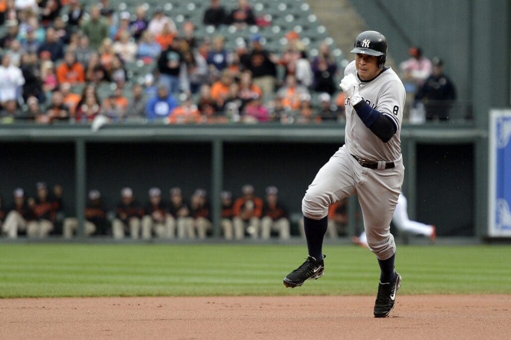 Oct 4, 2015; Baltimore, MD, USA; New York Yankees designated hitter Alex Rodriguez (13) rounds second base during the first inning against the Baltimore Orioles at Oriole Park at Camden Yards.