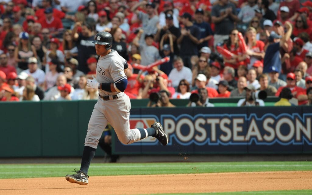 October 19, 2009; Anaheim, CA, USA; New York Yankees third baseman Alex Rodriguez (13) rounds the bases after hitting a solo homerun during the fourth inning of game three of the 2009 ALCS against the Los Angeles Angels at Angel Stadium of Anaheim.