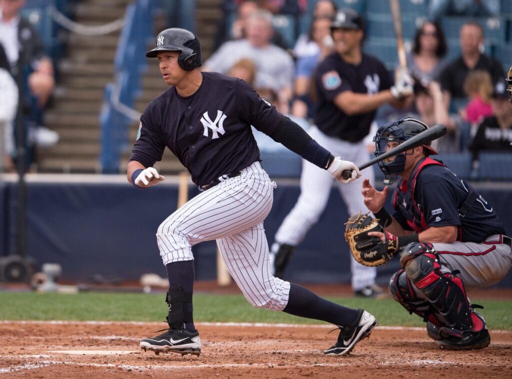 Mar 19, 2016; Tampa, FL, USA; New York Yankees designated hitter Alex Rodriguez (13) bats against the Atlanta Braves during the game at George M. Steinbrenner Field. The Yankees defeat the Braves 3-2.