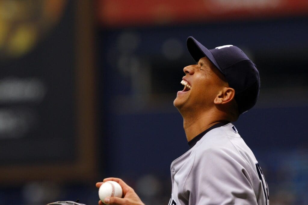 April 11, 2010; St. Petersburg, FL, USA; New York Yankees third baseman Alex Rodriguez (13) laughs during their game against the Tampa Bay Rays at Tropicana Field.