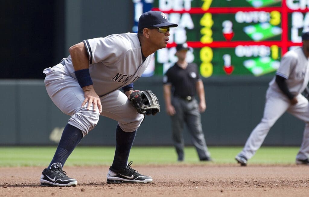 Aug 21, 2011; Minneapolis, MN, USA: New York Yankees third baseman Alex Rodriguez (13) gets in his defensive stance in the first inning against the Minnesota Twins at Target Field.