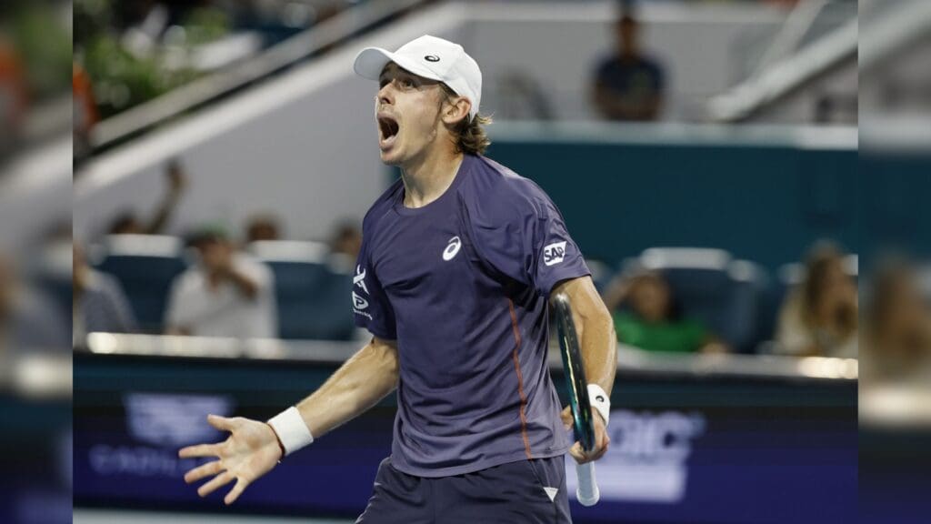 Mar 24, 2025; Miami, FL, USA; Alex de Minaur (AUS) celebrates after match point against Joao Fonseca (BRA)(not pictured) on day seven of the Miami Open at Hard Rock Stadium.