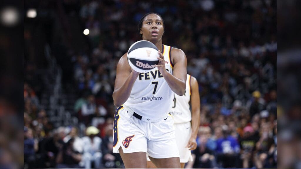 Jun 7, 2025; Chicago, Illinois, USA; Indiana Fever forward Aliyah Boston (7) shoots a free throw against the Chicago Sky during the first half of a WNBA game at United Center.