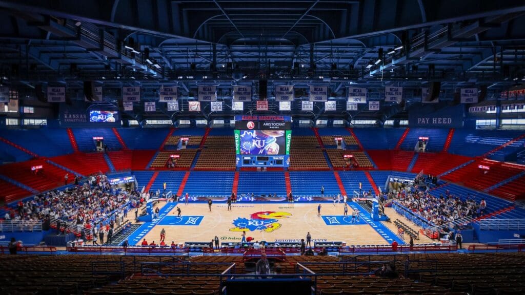 Mar 1, 2025; Lawrence, Kansas, USA; General view of the stadium prior to the game between the Kansas Jayhawks and the Texas Tech Red Raiders at Allen Fieldhouse.