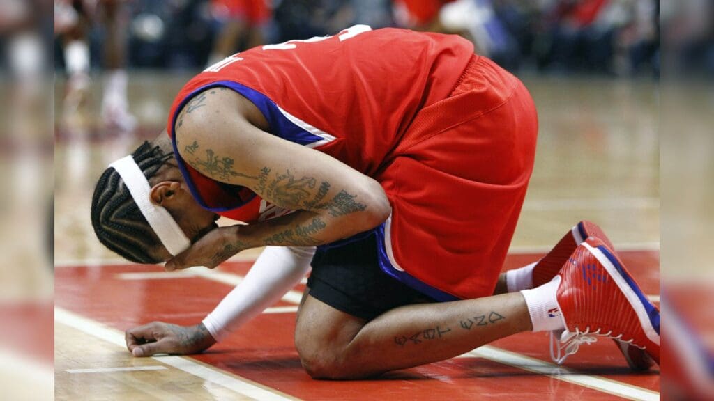 Feb 20, 2010; Chicago, IL, USA; Philadelphia 76ers guard Allen Iverson (3) gets injured during the first half at the United Center.