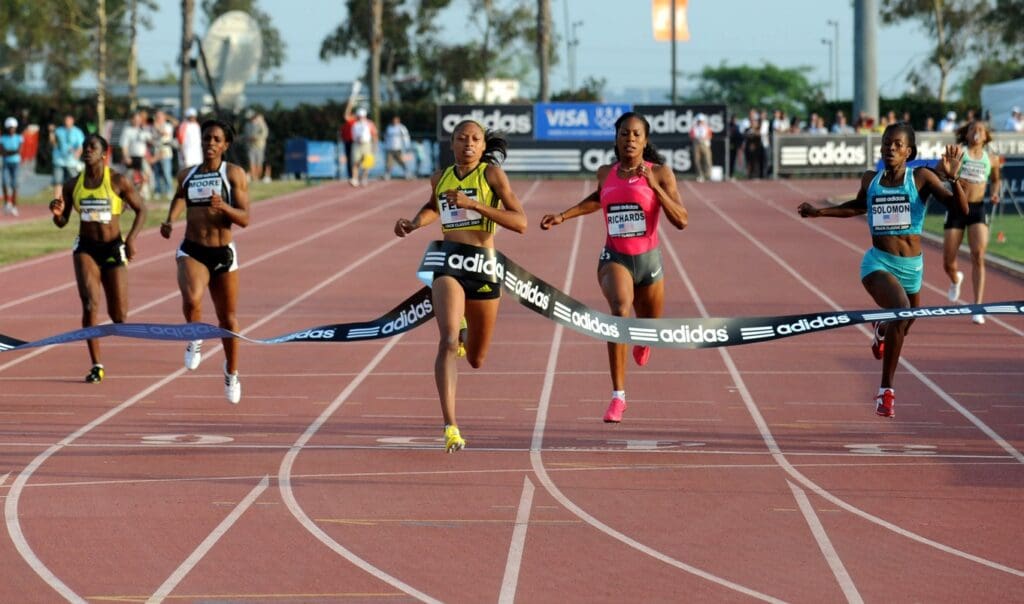 May 16, 2009; Carson, CA, USA; Allyson Felix (center) and Sanya Richards (second from left) finished first and second in the women's 200m, 22.66 to 23.03, in the adidas Track Classic at the Home Depot Center. Shalonda Solomon (right) was third in 23.11.