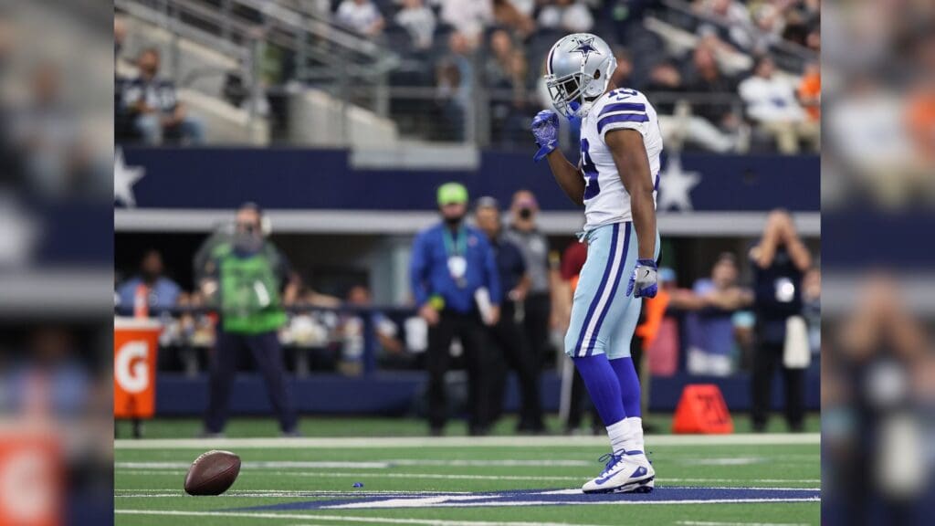 Oct 10, 2021; Arlington, Texas, USA; Dallas Cowboys receiver Amari Cooper (19) reacts after dropping a pass on third down in the third quarter against the Denver Broncos at AT&T Stadium.