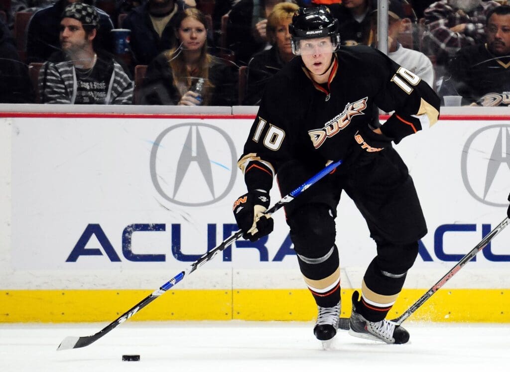 November 3, 2009; Anaheim, CA, USA; Anaheim Ducks right wing Corey Perry (10) moves the puck against the Pittsburgh Penguins during the second period at the Honda Center.