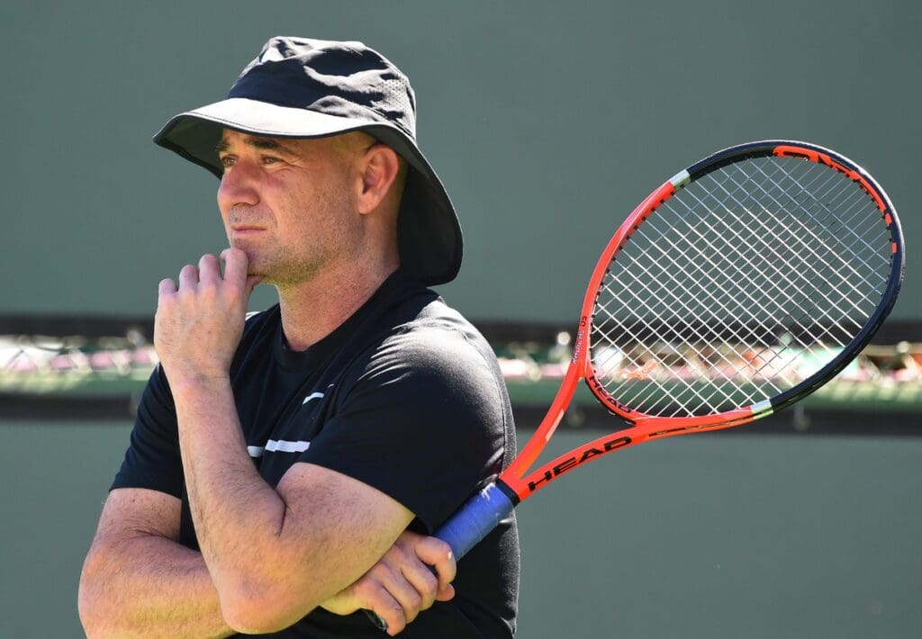 Mar 6, 2018; Indian Wells, CA, USA; Coach Andre Agassi watches during practice for the BNP Paribas Open at the Indian Wells Tennis Garden.