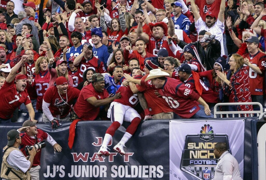 Nov 3, 2013; Houston, TX, USA; Houston Texans wide receiver Andre Johnson (80) is congratulated by fans after scoring a touchdown during the first quarter against the Indianapolis Colts at Reliant Stadium.