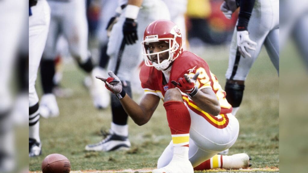Dec 7, 1997; Kansas City, MO, USA; FILE PHOTO; Kansas City Chiefs receiver receiver Andre Rison (89) reacts against the Oakland Raiders at Arrowhead Stadium.