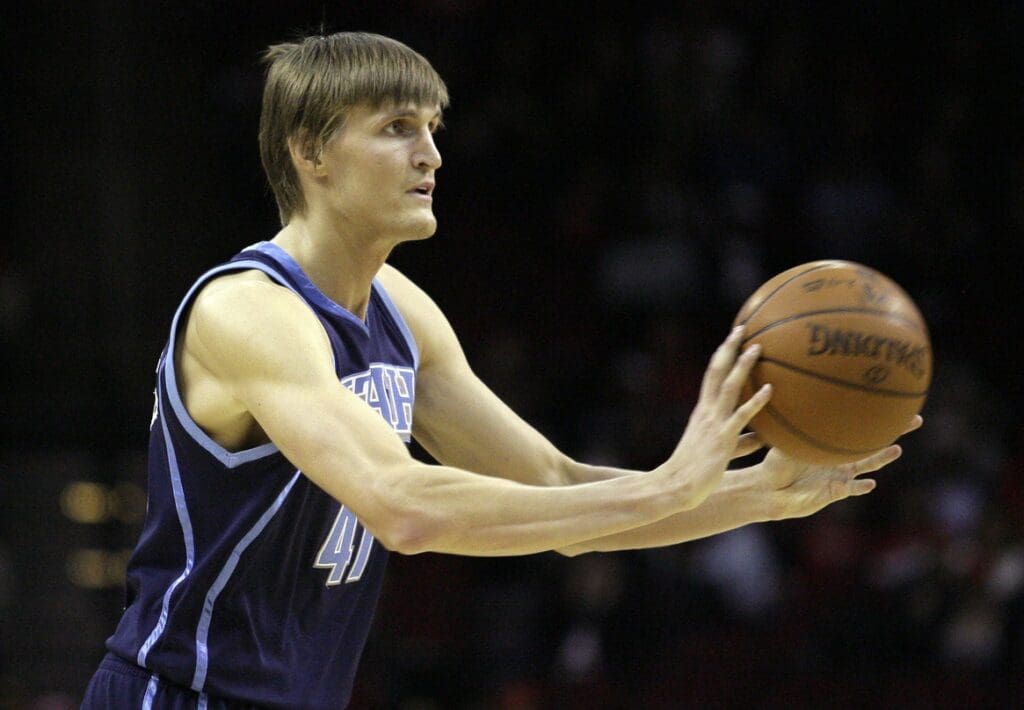 Feb 16, 2010; Houston, TX, USA; Utah Jazz forward Andrei Kirilenko (47) passes the ball against the Houston Rockets in the fourth quarter at the Toyota Center. The Jazz defeated the Rockets 104-95.
