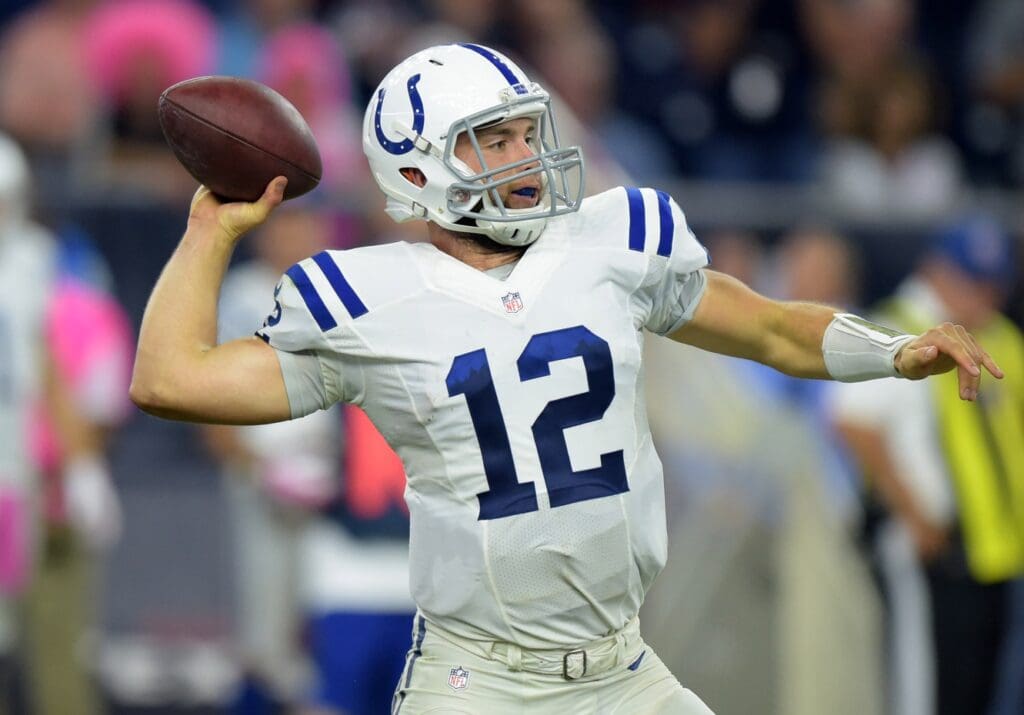 Oct 9, 2014; Houston, TX, USA; Indianapolis Colts quarterback Andrew Luck (12) throws a pass against the Houston Texans at NRG Stadium.