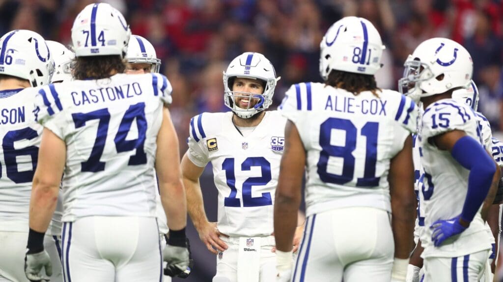 Jan 5, 2019; Houston, TX, USA; Indianapolis Colts quarterback Andrew Luck (12) in the huddle with teammates against the Houston Texans during the AFC Wild Card at NRG Stadium.