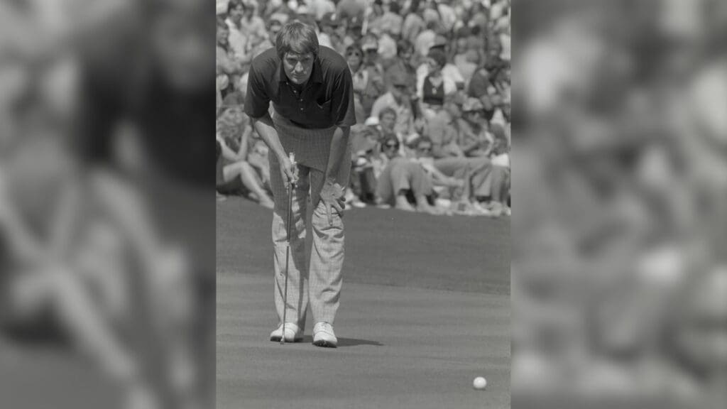 04/06/1983; Augusta, Georgia USA; Andy North lines up his putt on a green at the Augusta National Golf Course during the 1983 Masters