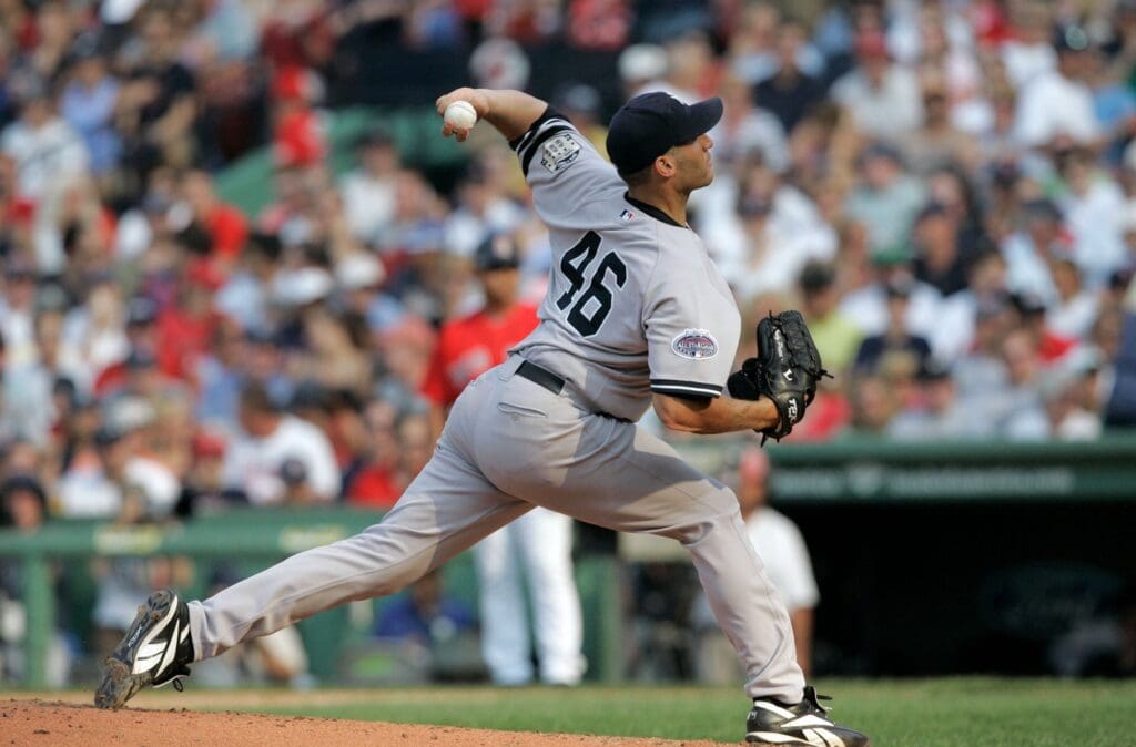 July 26, 2008; Boston, MA, USA; New York Yankees starting pitcher Andy Pettitte (46) delivers a pitch in the fifth inning against the Boston Red Sox at Fenway Park.