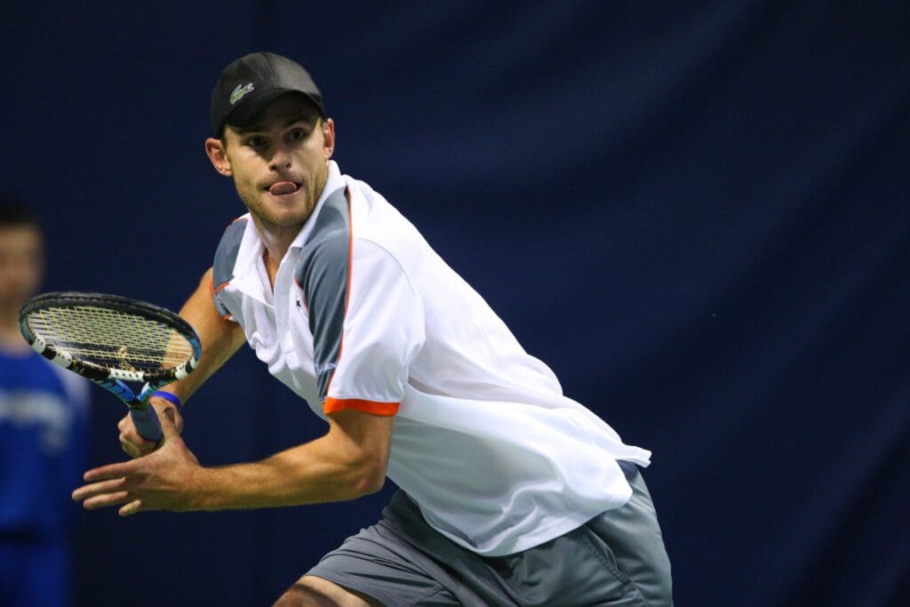 Feb. 20, 2008; San Jose, CA, USA; Andy Roddick (USA) against Chris Guccione (AUS), not pictured, in the 1st round play during the SAP Open men's tennis tournament at HP Pavilion in San Jose, CA. Roddick defeated Guccione 6-3, 6-7(3), 7-6(5).