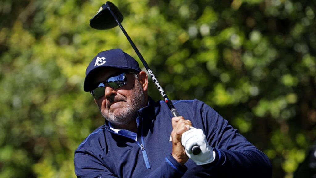 Apr 8, 2025; Augusta, Georgia, USA; Angel Cabrera takes a shot off the 14th tee during a practice round for the Masters Tournament at Augusta National Golf Club.