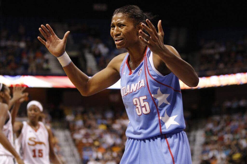 July 30, 2010; Uncasville, CT, USA; Atlanta Dream forward Angel McCoughtry (35) reacts to a call as they take on the Connecticut Sun during the first half at the Mohegan Sun Arena. The Atlanta Dream defeated the Connecticut Sun 94-62.