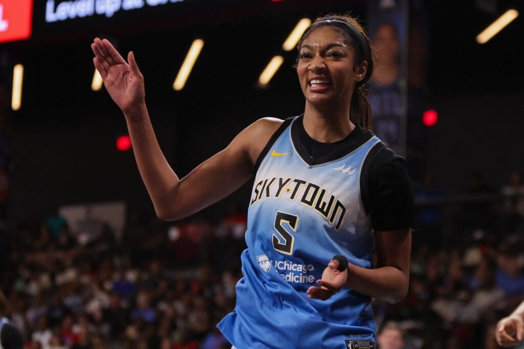 Jun 22, 2025; College Park, Georgia, USA; Chicago Sky forward Angel Reese (5) reacts after a ball goes out of bounds against the Atlanta Dream in the third quarter at Gateway Center Arena at College Park.