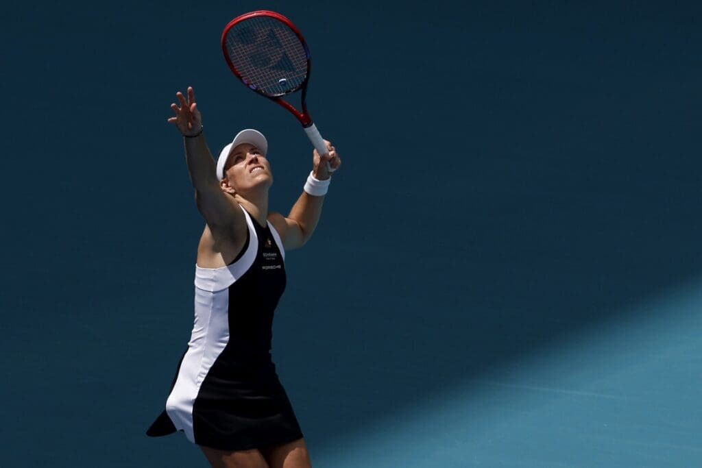 Mar 20, 2024; Miami Gardens, FL, USA; Angelique Kerber (GER) serves against Sloane Stephens (USA) (not pictured) on day three of the Miami Open at Hard Rock Stadium.