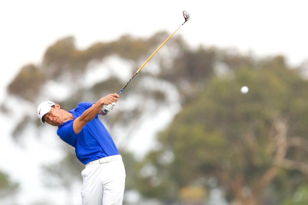 Anthony Kim with his tee shot on the second during the final round of the Farmers Insurance Open at Torrey Pines Golf Course.