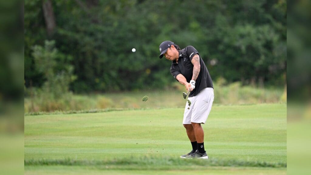 Aug 16, 2024; Greenbrier, West Virginia, USA; Anthony Kim hits on the 17th hole at The Old White at the Greenbrier.