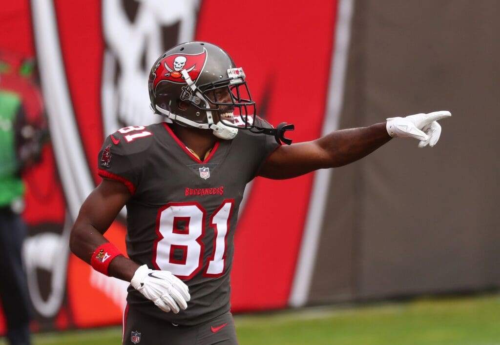 Jan 3, 2021; Tampa, Florida, USA; Tampa Bay Buccaneers wide receiver Antonio Brown (81) celebrates after scoring a touchdown against the Atlanta Falcons during the second quarter at Raymond James Stadium.