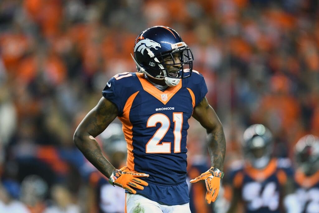 Oct 24, 2016; Denver, CO, USA; Denver Broncos cornerback Aqib Talib (21) reacts following a play in the second half against the Houston Texans at Sports Authority Field at Mile High. The Broncos defeated the Texans 27-9.