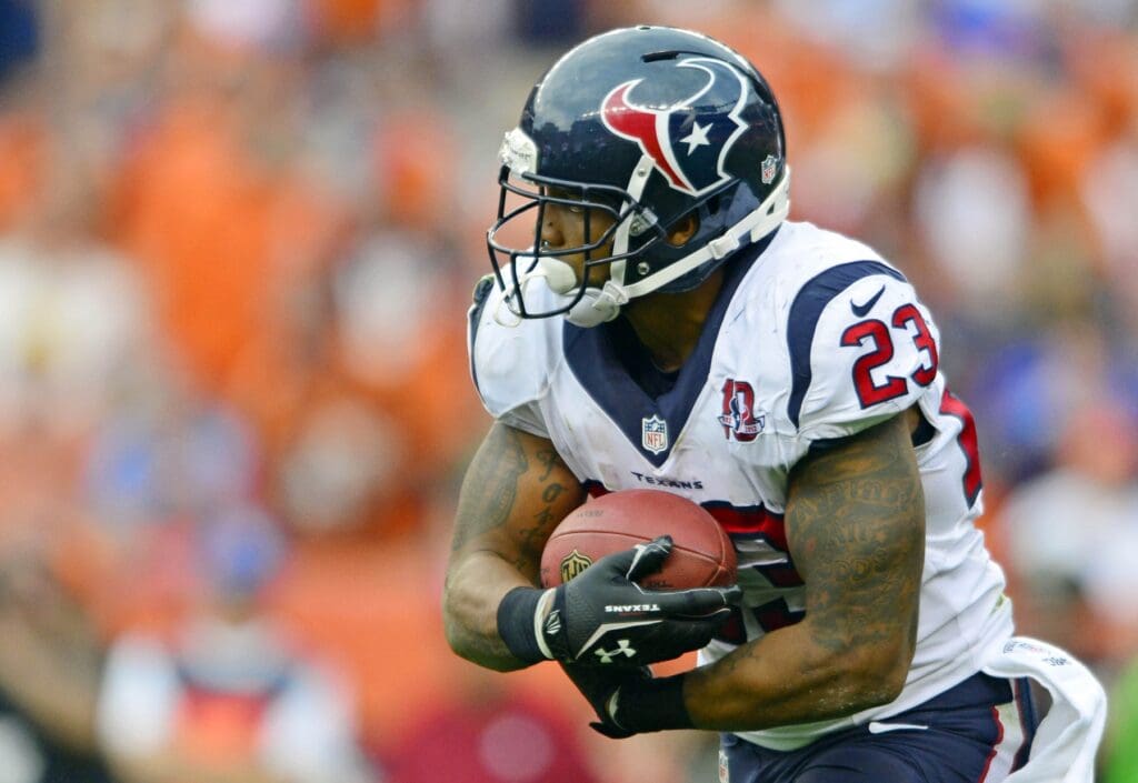 September 23 2012; Denver, CO, USA; Houston Texans running back Arian Foster (23) during the fourth quarter of the game against the Denver Broncos at Sports Authority Field. The Texans defeated the Broncos 31-25.