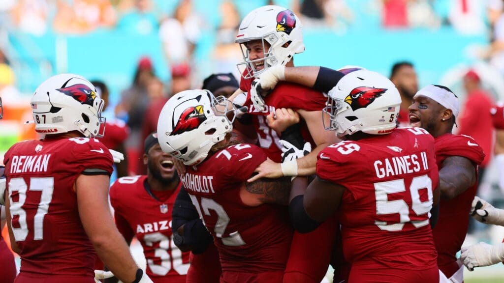 Oct 27, 2024; Miami Gardens, Florida, USA; Arizona Cardinals kicker Chad Ryland (38) celebrates with teammates after scoring the game-winning field goal against the Miami Dolphins during the fourth quarter at Hard Rock Stadium.