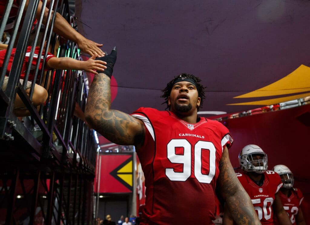 Sep 11, 2016; Glendale, AZ, USA; Arizona Cardinals defensive tackle Robert Nkemdiche (90) against the New England Patriots at University of Phoenix Stadium. The Patriots defeated the Cardinals 23-21