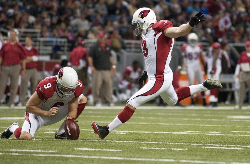 November 27, 2011; St. Louis, MO, USA; Arizona Cardinals kicker Jay Feely (3) kicks a 37 yard field goal in the second half against the St. Louis Rams at the Edward Jones Dome. Arizona defeated St. Louis 23-20.