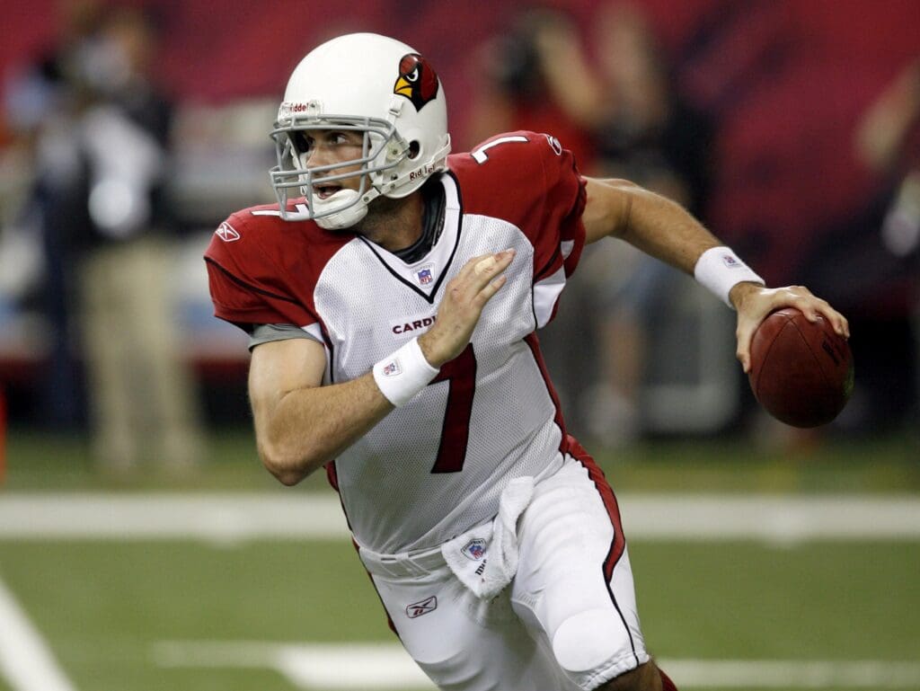 Oct 1, 2006; Atlanta, GA, USA; Arizona Cardinals quarterback (7) Matt Leinart runs out of the pocket against the Atlanta Falcons in the fourth quarter at the Georgia Dome. The Falcons defeated the Cardinals 32-10.