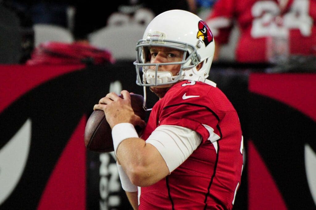 Oct 23, 2016; Glendale, AZ, USA; Arizona Cardinals quarterback Carson Palmer (3) warms up prior to the game against the Seattle Seahawks at University of Phoenix Stadium.